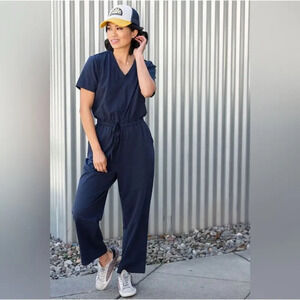 evy's tree Navy Short-Sleeve V-Neck Jumpsuit